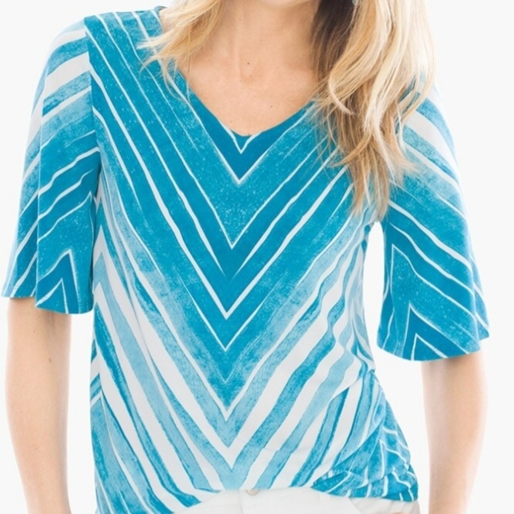 Chicos Womans Jungle Chevron Print Top in Turquoise Size 0